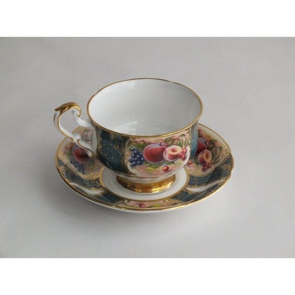 Paragon Orchard Fruit Tea Cup Saucer Pattern Turquoise Green Gold gilt teacup - Picture 2 of 14